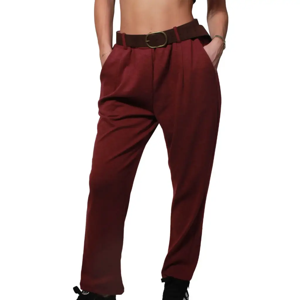 360 COTTON WOMAN PANT TAILORED HIGH WAISTED STRAIGHT LEG  BROWN LEATHER BELT ROUND BUCKLE FRONT PLEAT BURGUNDY