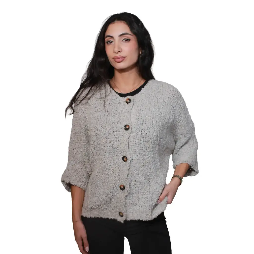 360 COTTON WOMAN TOP KNIT ROUND LOOSE NECKLINE SOFT BOUCLE-STYLE FABRIC CURVED HEM LIGHT GREY