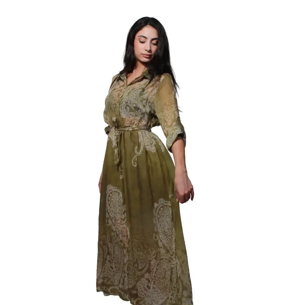360 COTTON WOMAN DRESS  PAISLEY PRINT POINTED COLLAR BUTTON FRONT CLOSURE WAIST WITH MATCHING TIE BELT OLIVE GREEN
