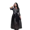 360 COTTON WOMAN DRESS  PAISLEY PRINT POINTED COLLAR BUTTON FRONT CLOSURE WAIST WITH MATCHING TIE BELT DARK GREY