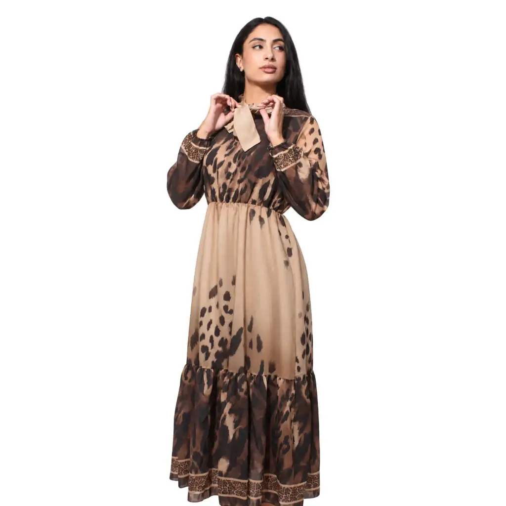 360 COTTON WOMAN DRESS BLOUSE ANIMAL PRINT DESIGN POINTED COLLAR BUTTON FRONT CLOSURE PUFFED SLEEVES BEIGE & BROWN