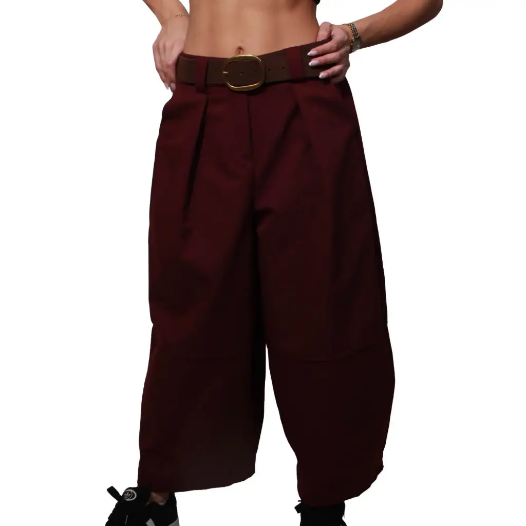 360 COTTON WOMAN PANTA-COURT WIDE-LEG CROPPED HIGH RISE WAIST PLEATED FRONT MATCHING BELT  ROUND BUCKLE SIDE POCKETS