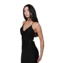 360 COTTON WOMAN DRESS TWO-TONE DRAPED EVENING LACE EMBELLISHED BODICE LONG SLEEVE BLACK