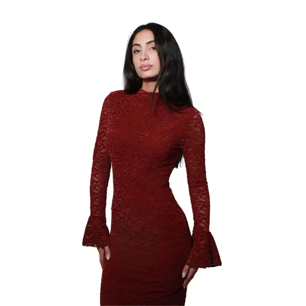 360 COTTON WOMAN DRESS LONG SLEEVE TEXTURED BODYCON HIGH NECK KEYHOLE BACK BURGUNDY