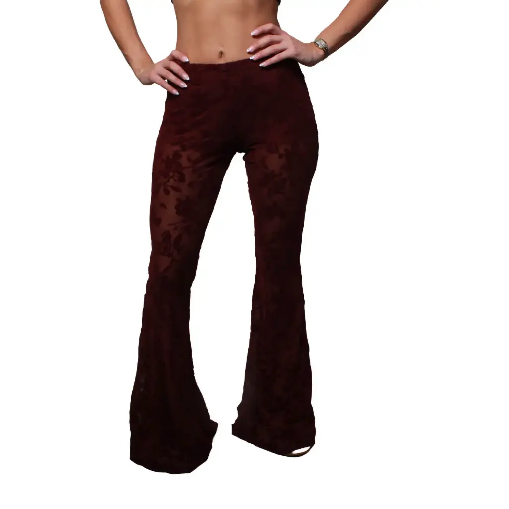 360 COTTON WOMAN PANT LACE FLARE FLORAL PATTERN FRONT SLIT BURGUNDY