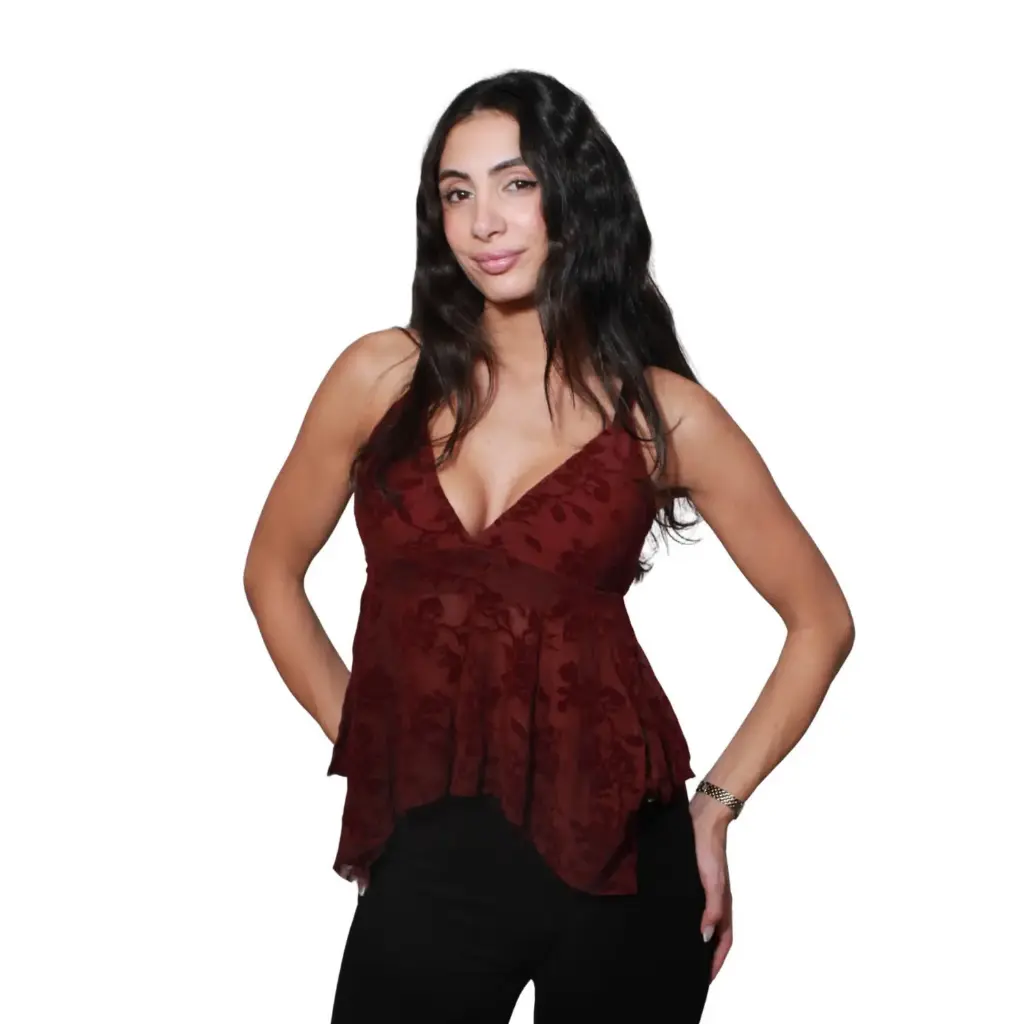 360 COTTON WOMAN TOP LACE CAMISOLE VELVET FLORAL PATTERN SPAGHETTI STRAPS DUSTY ROSE/BURGUNDY