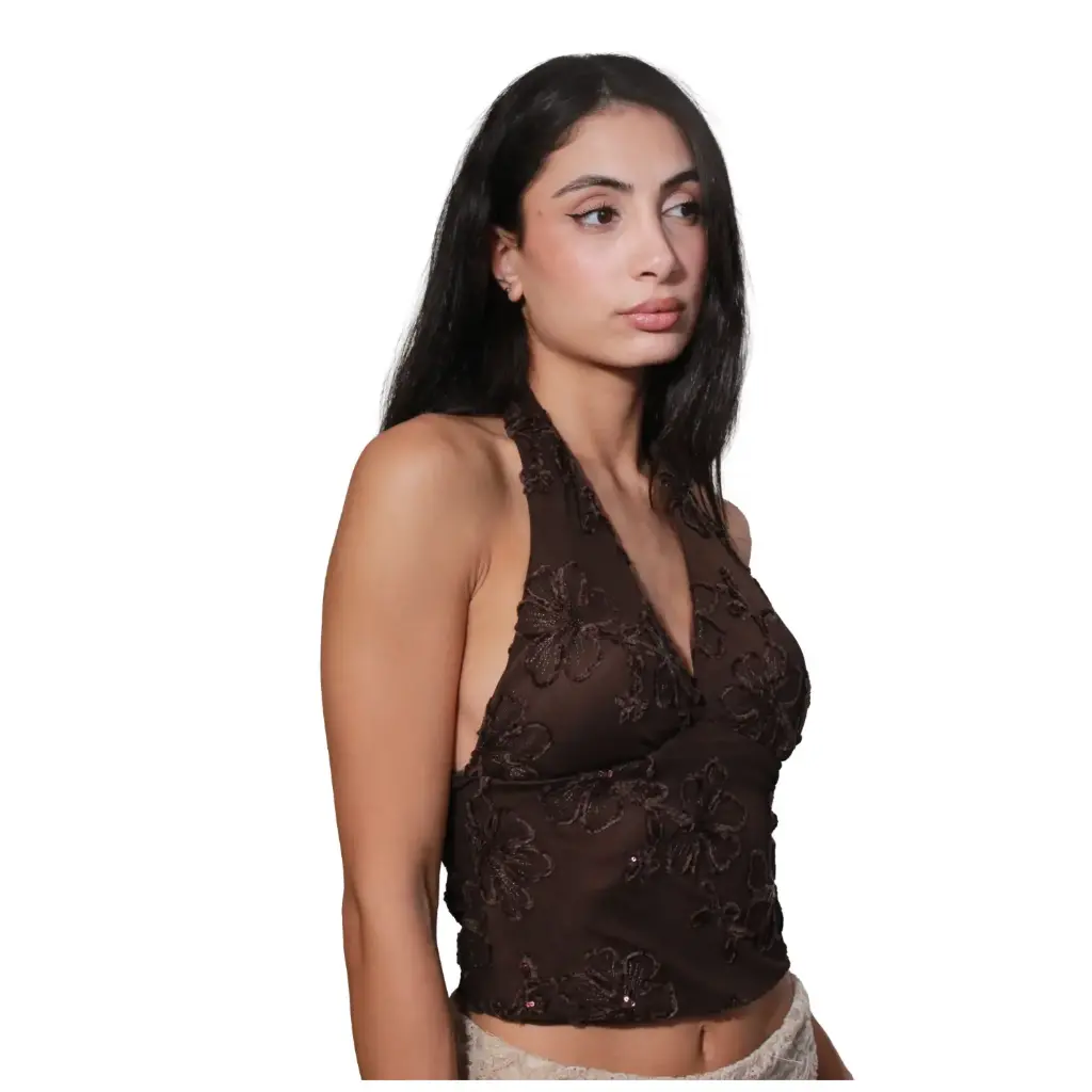 360 COTTON WOMAN TOP HALTER NECK FORAL LACE SCALLOPED EDGES CHOCOLATE BROWN