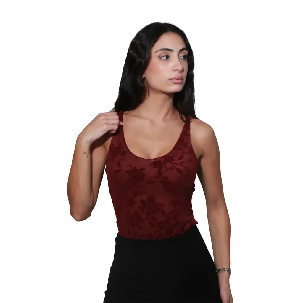 360 COTTON WOMAN Sleeveless Floral Lace Camisole with Long-Sleeve Knit Overlay BURGUNDY