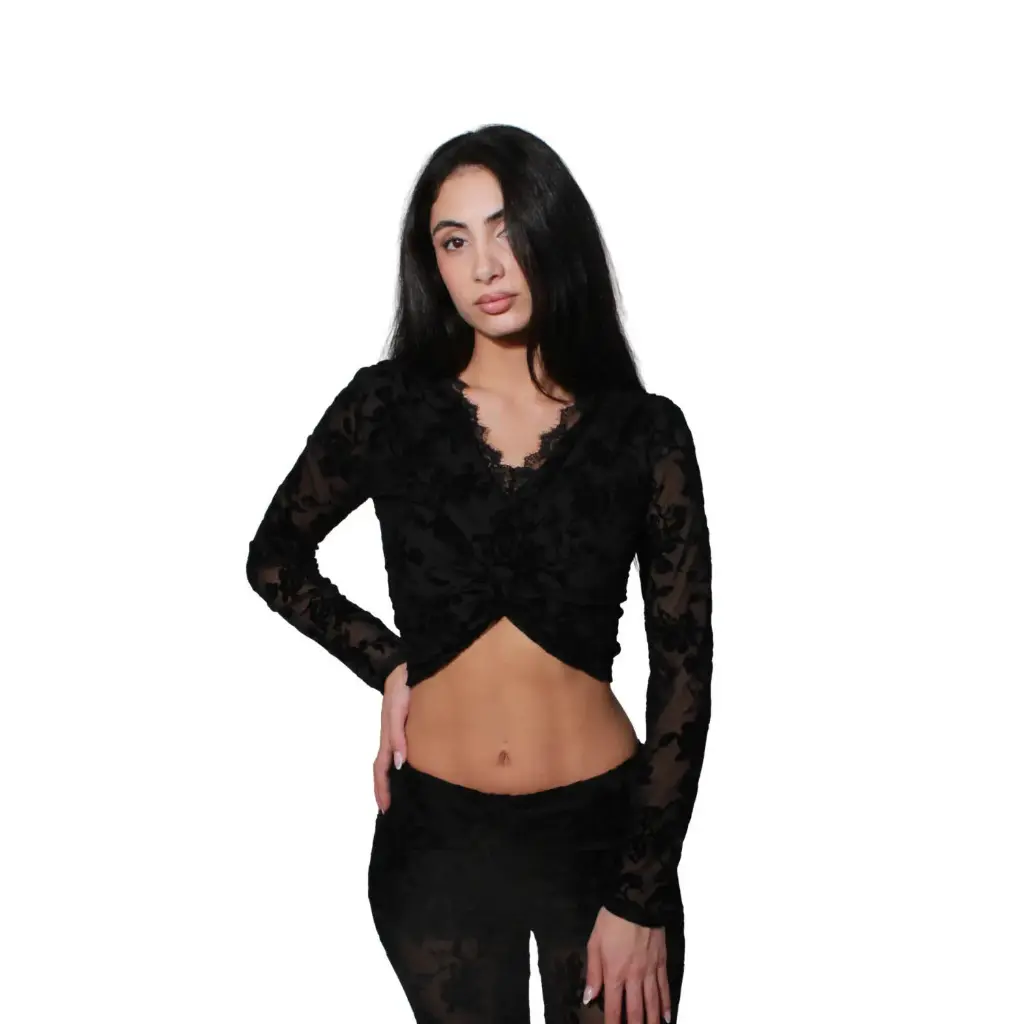 360 COTTON WOMAN BLOUSE LONG SLEEVE DRAPED COWL-NECK FLORAL LACE PATTERN OVERLAY CHARCOAL GREY