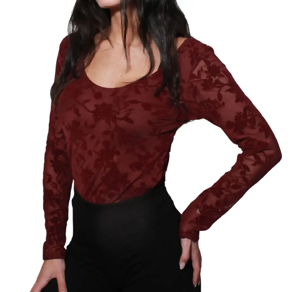 360 COTTON WOMAN TOP DRAPED NECK LONG SLEEVE FLORAL LACE PATTERN RASPBERRY PINK