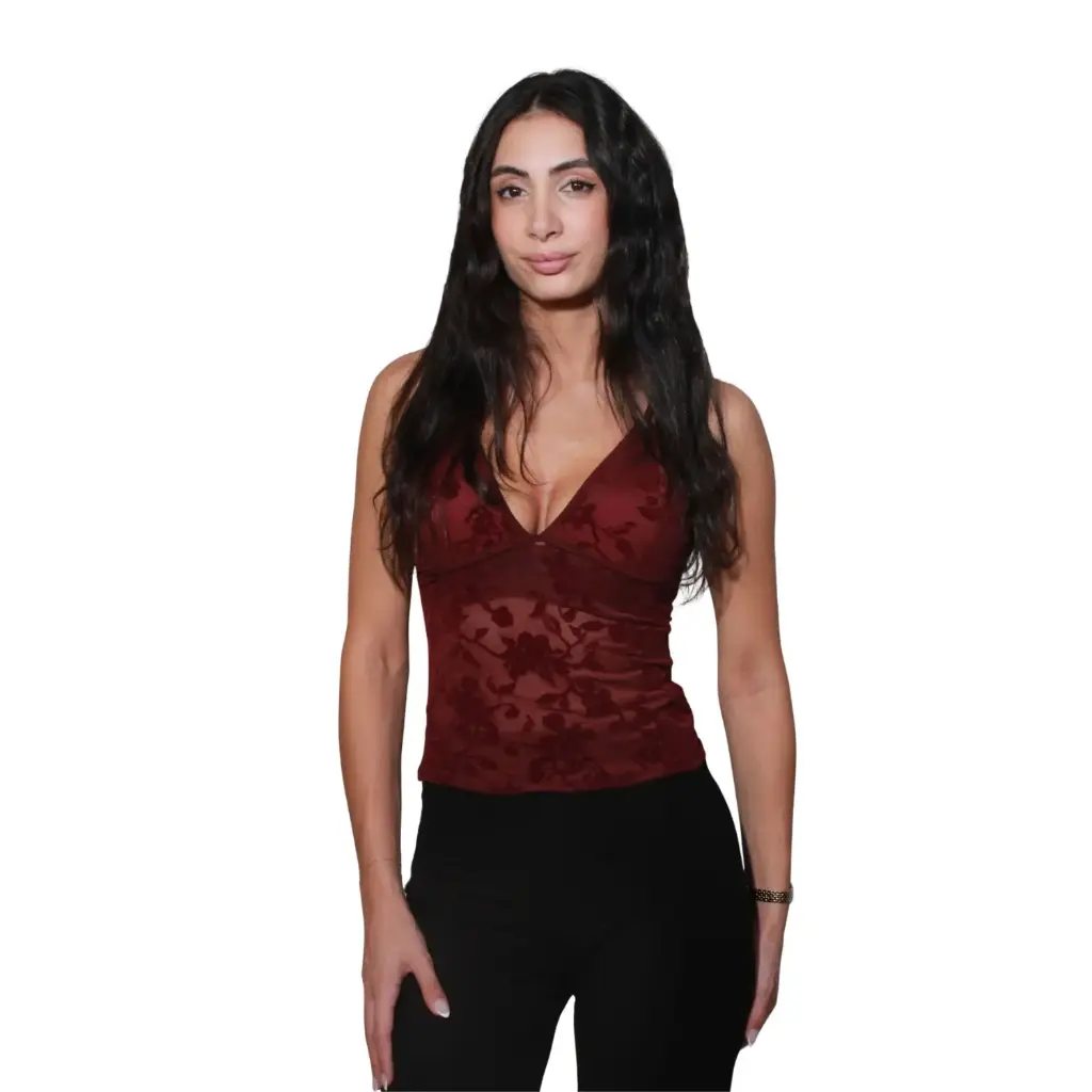 360 COTTON WOMAN TOP BUSTIER SPAGHETTI STRAP LACE COMISOLE RUCHED DETAIL FLORAL PATTERN  BURGUNDY
