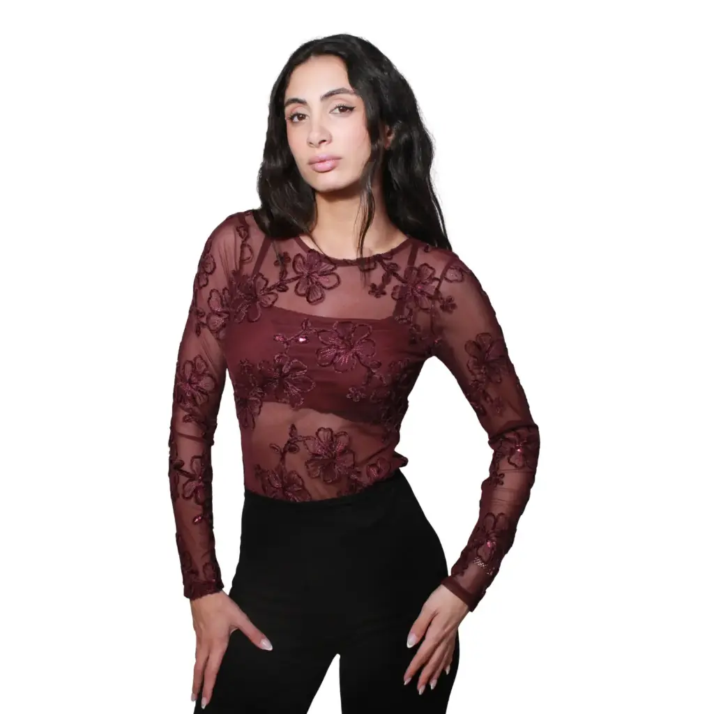 360 COTTON WOMAN TOP LONG SLEEVE FLORAL LACE PATTERN BURGUNDY