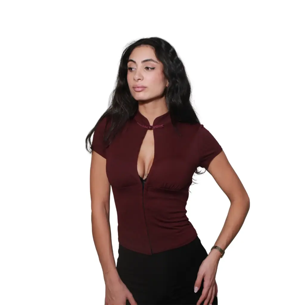 360 COTTON WOMAN BLOUSE MANDARIN COLLAR CROPPED WITH FRONT KNOT CLOSURE BURGUNDY