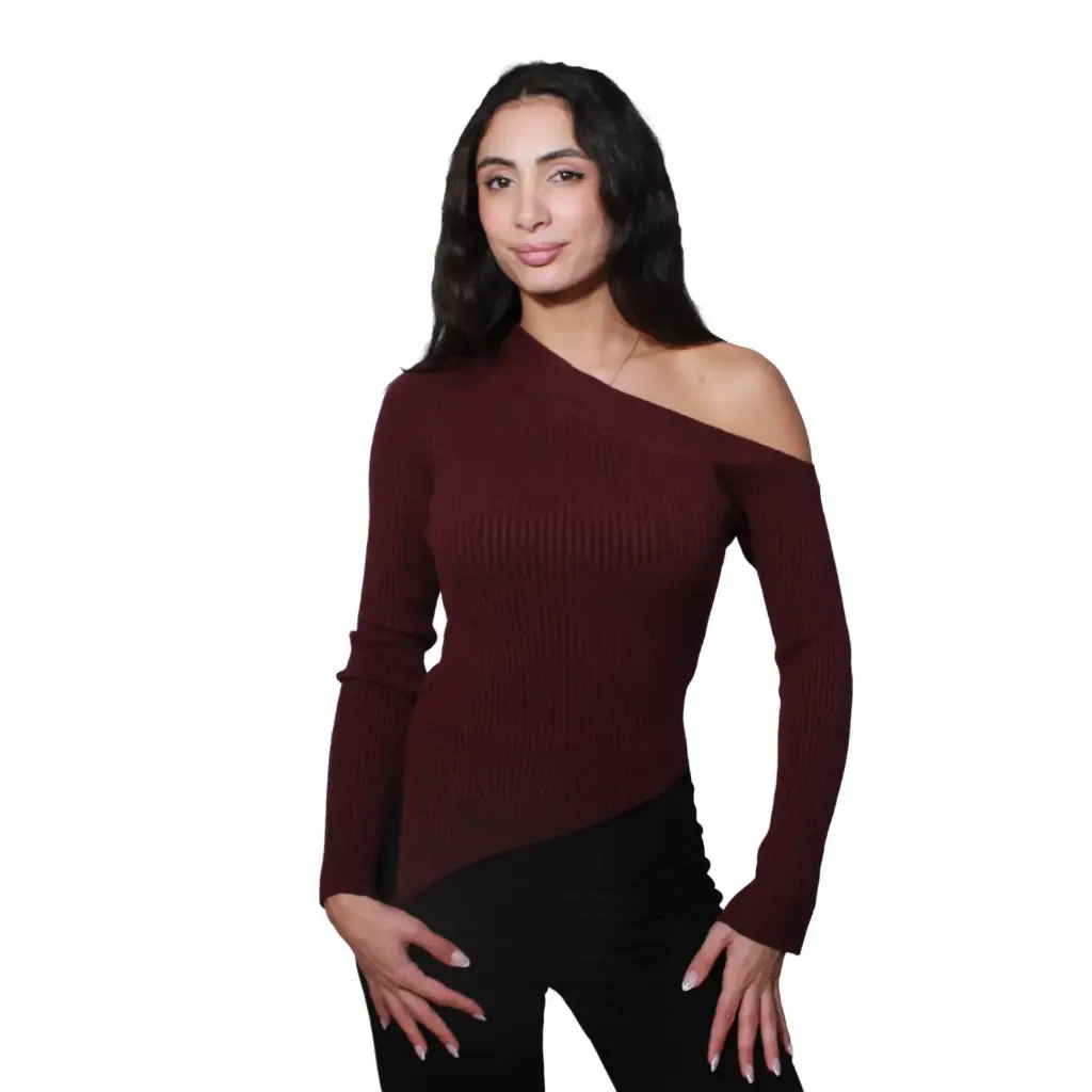 360 COTTON WOMAN TOP SLEEVLESS RIBBED KNIT 1 SHOULDER TANK TOP  BURGUNDY