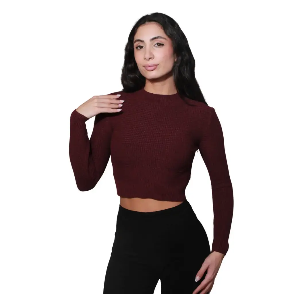 360 COTTON WOMAN TOP LONG SLEEVE CROPPED RIBBED KNIT SWEATER BURGUNDY