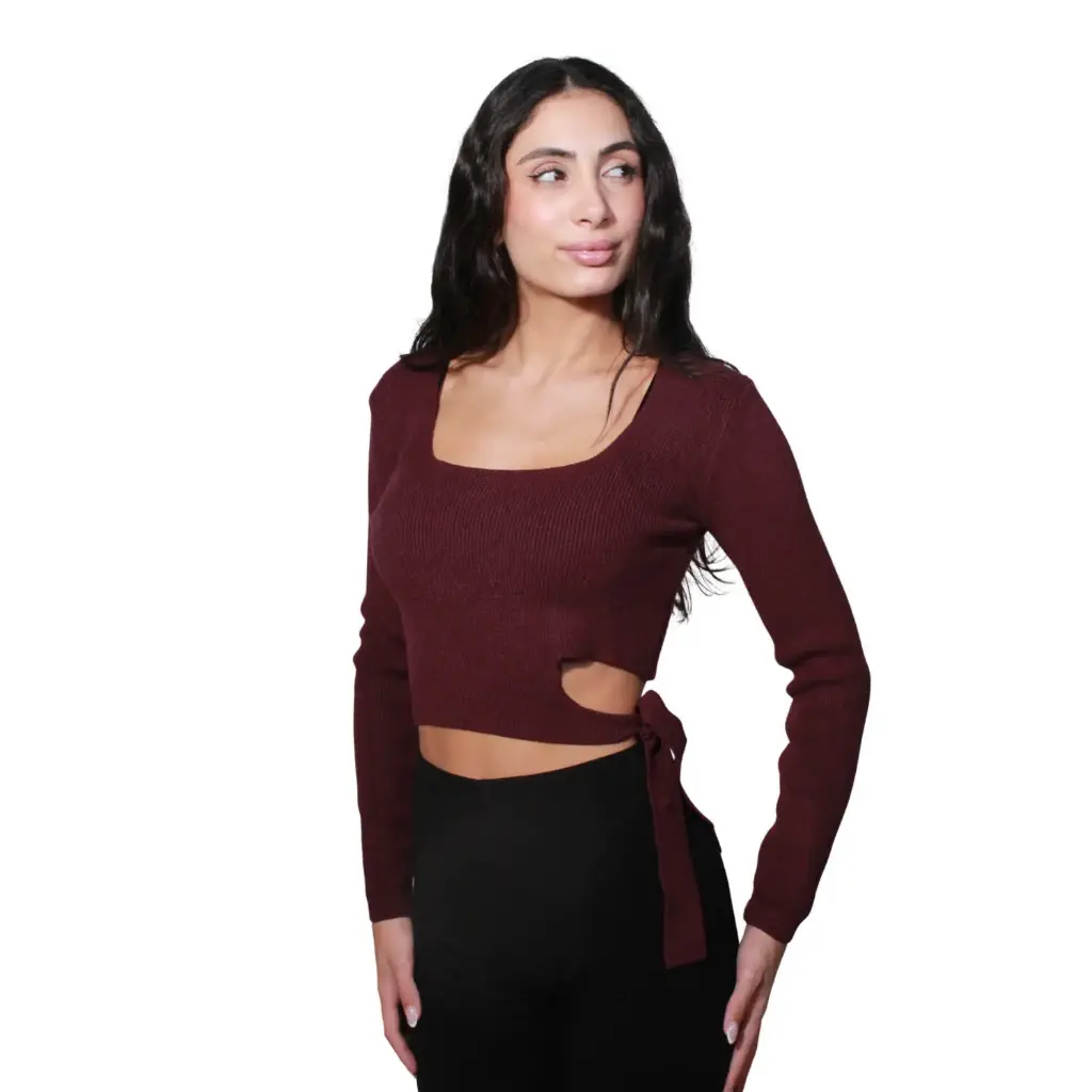 360 COTTON WOMAN TOP LONG SLEEVE CROPPED RIBBED KNIT SWEATER BOAT NECK BURGUNDY