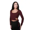 360 COTTON WOMAN TOP LONG SLEEVE CROPPED RIBBED KNIT SWEATER BOAT NECK BURGUNDY