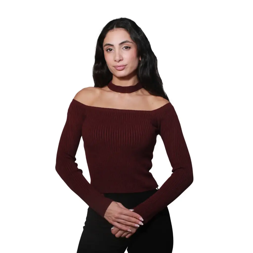 360 COTTON WOMAN TOP LONG SLEEVE OFF-SHOULDER BOAT SHAPE WIDE RIBBED NEKLINE KNIT BURGUNDY