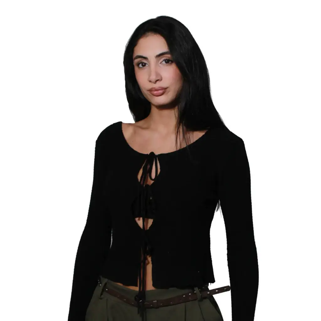 360 COTTON WOMAN CARDIGAN CROPPED RIBBED KNIT  FRONT LACE-UP DETAIL CHARCOAL GERY