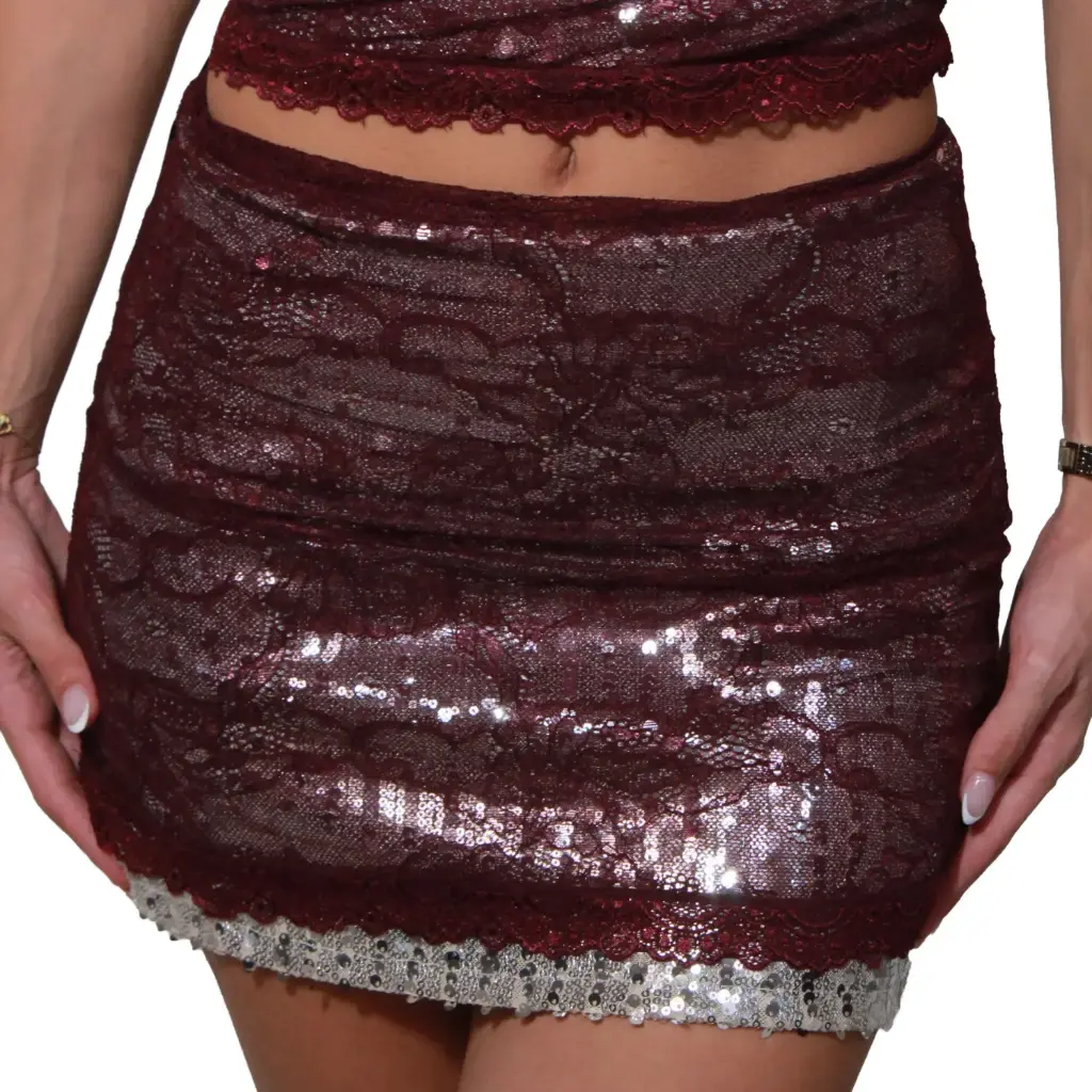 360 COTTON WOMAN SKIRT MINI HIGH-WAISTED SEQUIN STRAIGHT CUT BURGUNDY WITH METALLIC SILVER SHIMMER