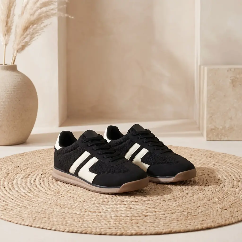 360 COTTON WOMAN SHOES RUNNER SNEAKER BOLD WHITE DOUBLE-CHEVRON SUEDE BLACK MATTE 37