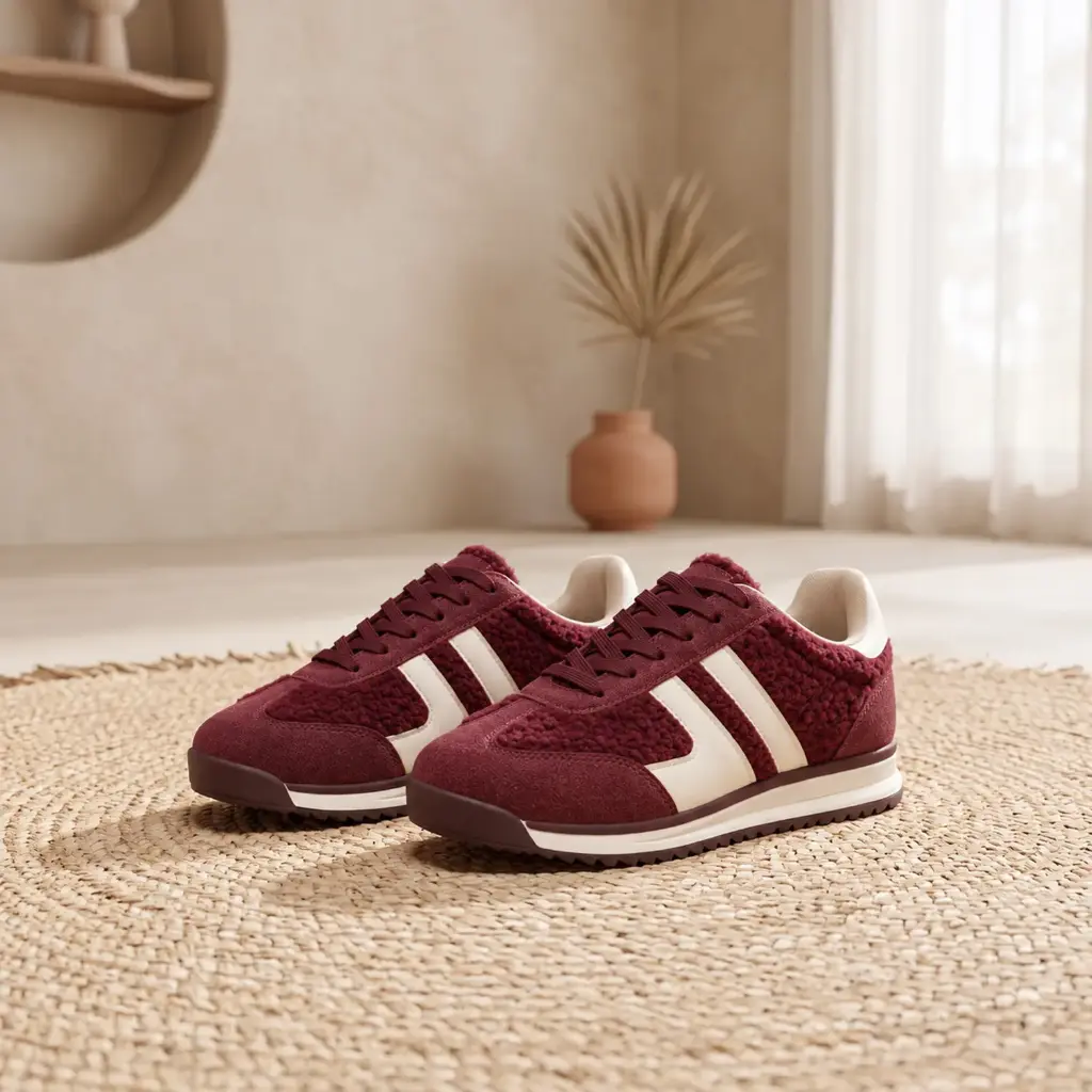360 COTTON WOMAN SHOES RUNNER SNEAKER BOLD WHITE DOUBLE-CHEVRON SUEDE BURGUNDY 37