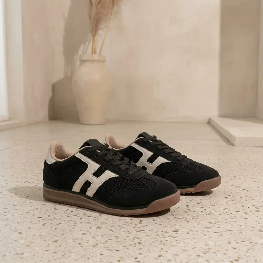 360 COTTON WOMAN SHOES RETRO RUNNER SNEAKER BOLD WHITE DOUBLECHEVRON SUEDE textured black mesh  37