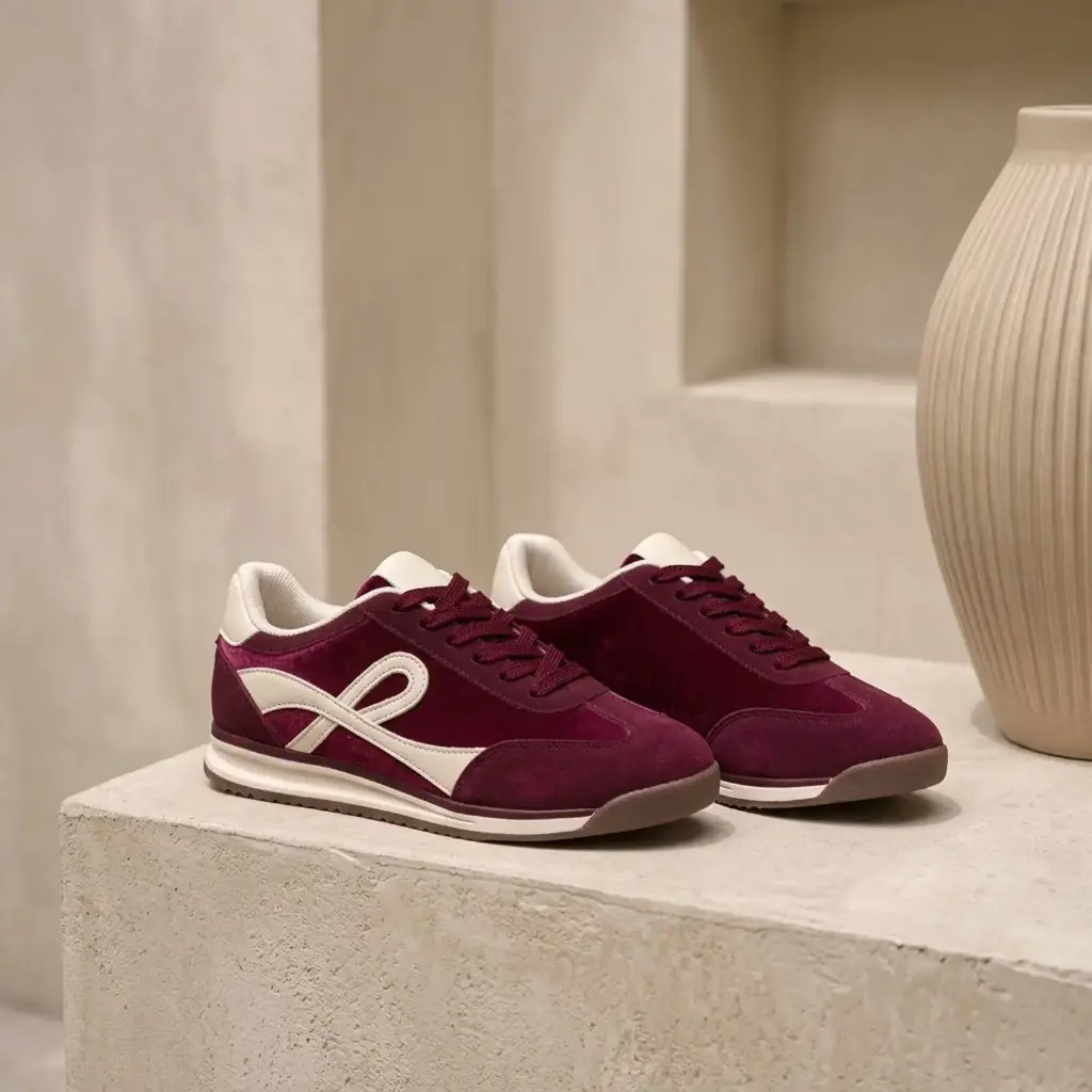 360 COTTON WOMAN SHOES SEDE TRIMMED SNEAKER DEEP BURGUND/BROWN SPLIT SUEDE LEATHER 37
