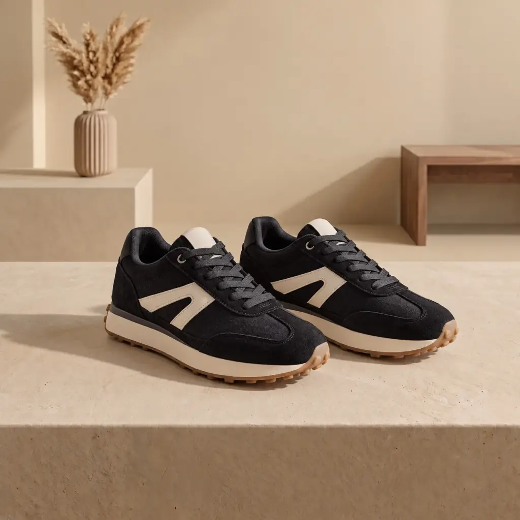 360 COTTON WOMAN SHOES RUNNER SNEAKER BLACK SUEDE & FABRIC cream dual-stripe graphic overlay 37