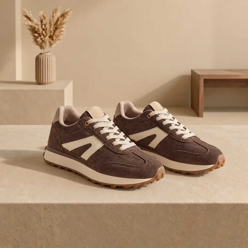 360 COTTON  WOMAN SHOES RUNNER SNEAKER BROWN SUEDE & FABRIC cream dual-stripe graphic overlay 37