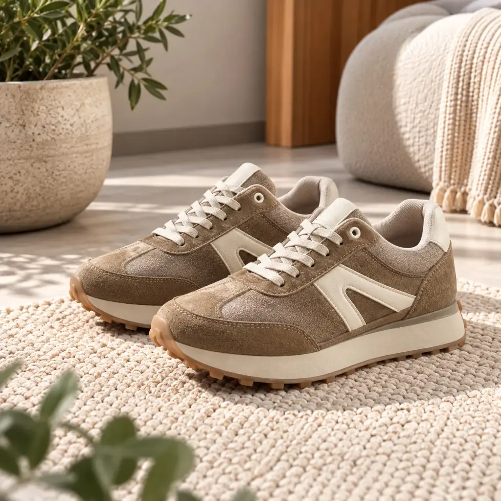 360 COTTON WOMAN SHOES RUNNER SNEAKER TAUPE/SANDALWOOD SUEDE dual-stripe graphic overlay 37