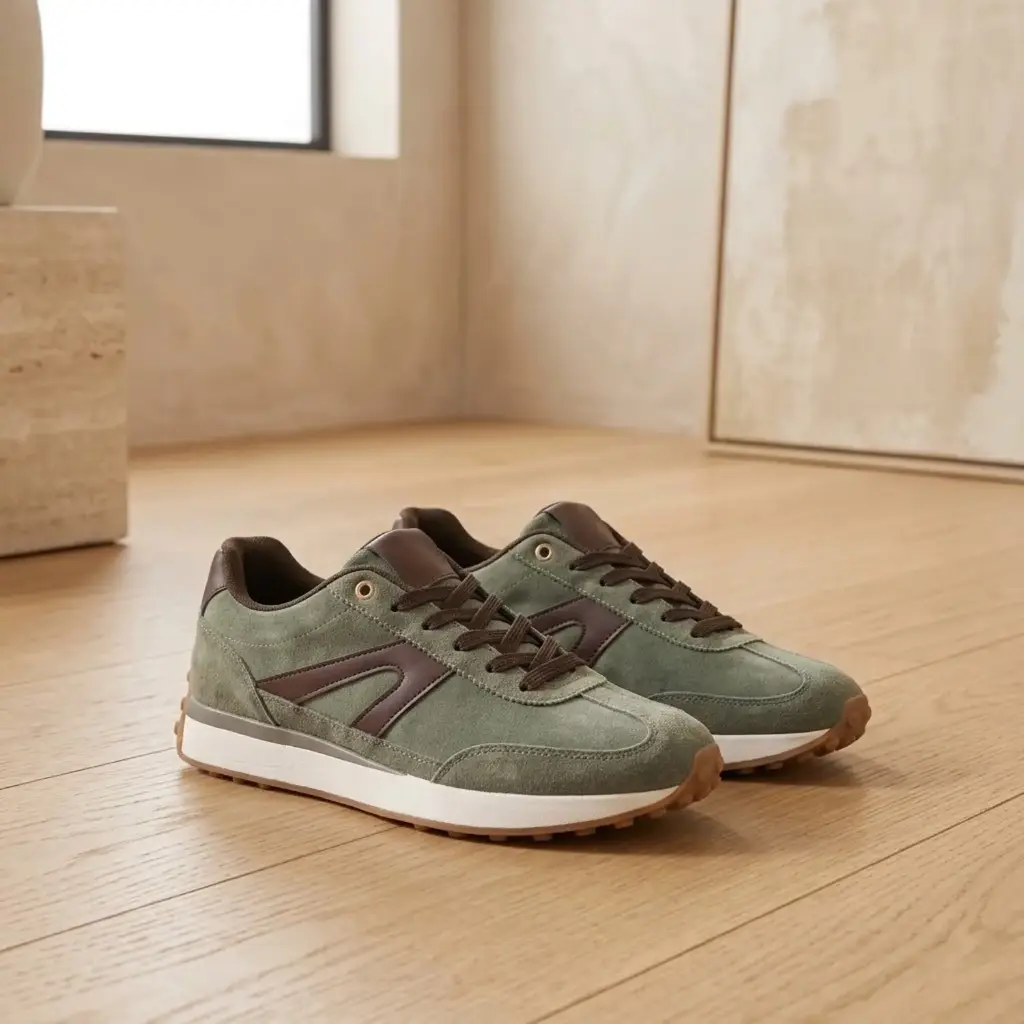 360 COTTON WOMAN SHOES RUNNER SNEAKER SAGE GREEN/BROWN SUEDE dual-stripe graphic overlay 37