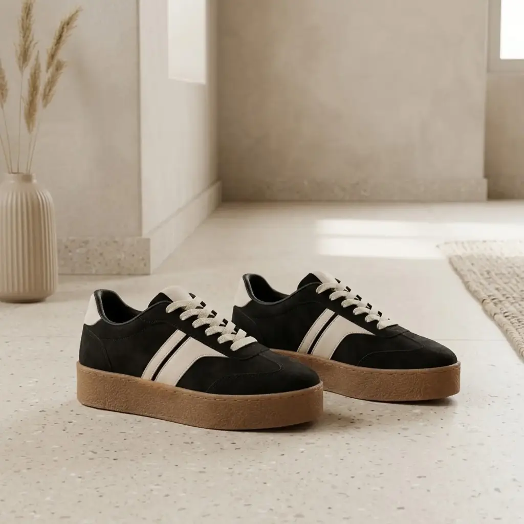 360 COTTON WOMAN SHOES PLATFORM BLACK SUEDE SNEAKER CREAM SIDE PANELS GUM SOLE 37