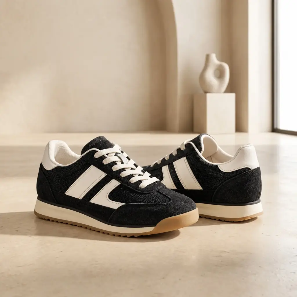 360 COTTON WOMAN SHOES BLACK RETRO RUNNER SNEAKER CREAM GEOMETRIC SIDE STRIPE 37