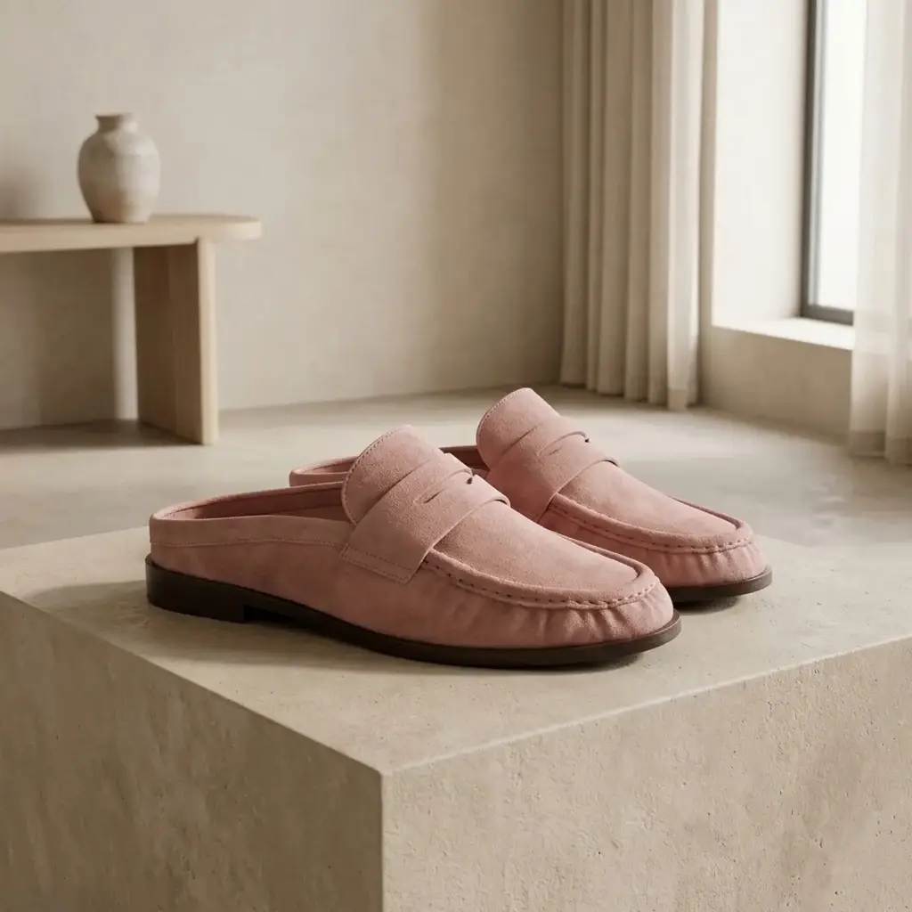 360 COTTON WOMAN SHOES SUEDE LOAFER ROUNDED TOE WIDE STRAP ACROSS THE VAMP DUSTY PINK 37
