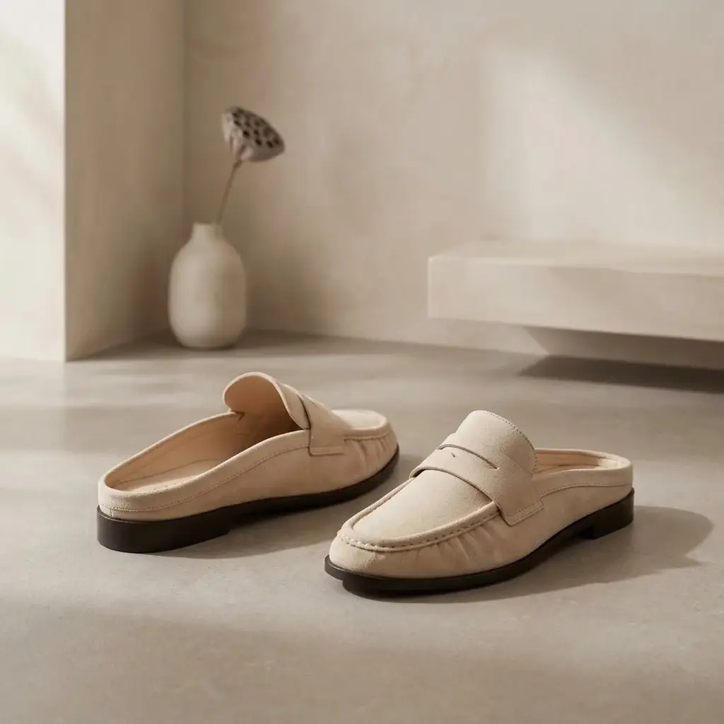 360 COTTON WOMAN SHOES MOCASSIN LOAFER OPEN BACK ROUNDED TOE CHUNCKY BLACK WEDGE SOLE BEIGE 37