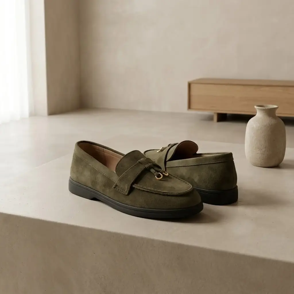 360 COTTON WOMAN SHOES LOAFER ROUNDED TOE STRAP AND METAL BUCKLE FLAT RUBBER SOLE SUEDE OLIVE GREEN 37