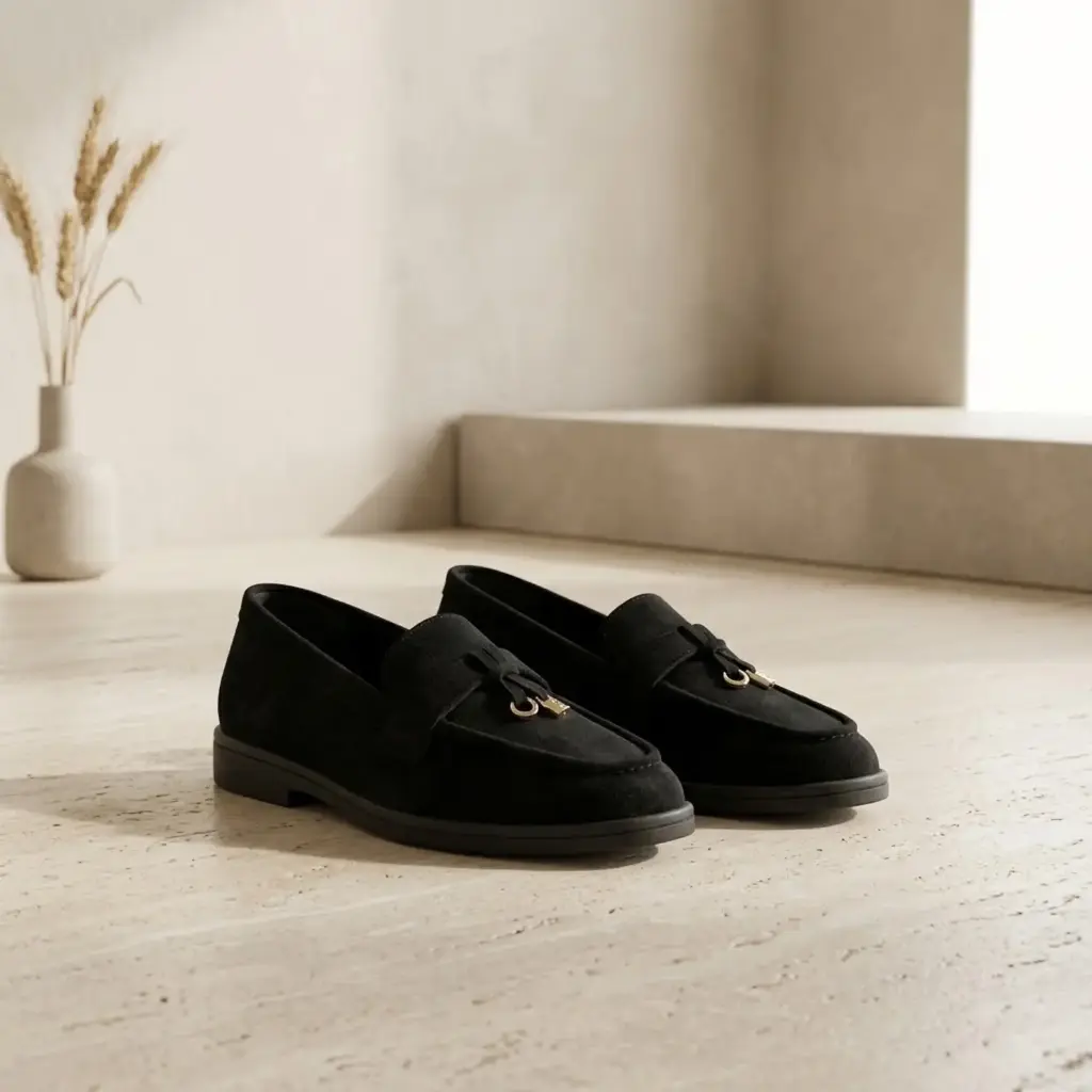 360 COTTON WOMAN SHOES LOAFER ROUNDED TOE SUEDE SLIP-ON DESIGN GOLD TONE CHAIN LOW FLAT SOLE BLACK 37