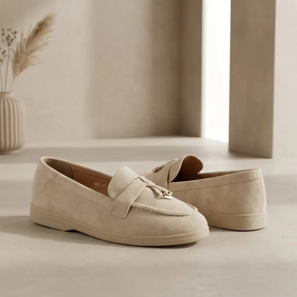 360 COTTON WOMAN SHOES LOAFER ROUNDED TOE SUEDE SLIP-ON DESIGN GOLD TONE CHAIN LOW FLAT SOLE BEIGE 37