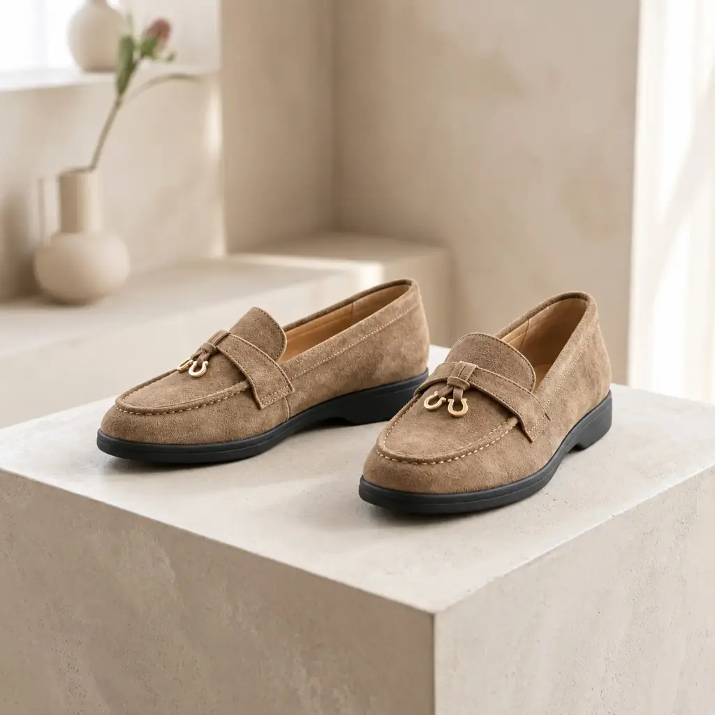 360 COTTON WOMAN SHOES LOAFER ROUNDED TOE SUEDE SLIP-ON DESIGN GOLD TONE CHAIN LOW FLAT SOLE CAMEL 37