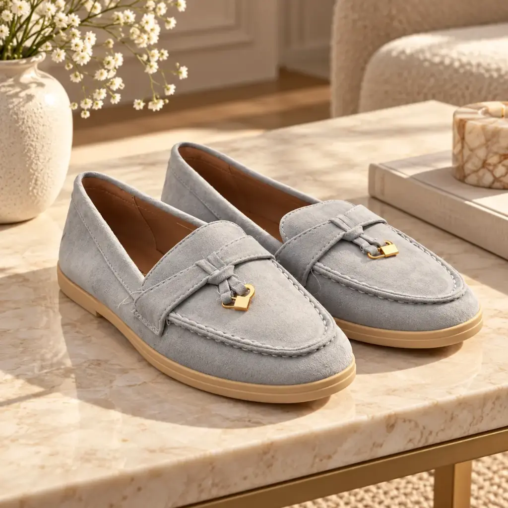 360 COTTON WOMAN SHOES LOAFER ROUNDED TOE SUEDE SLIP-ON DESIGN METALLIC BUCKLE LOW FLAT SOLE SILVER-GREY 37