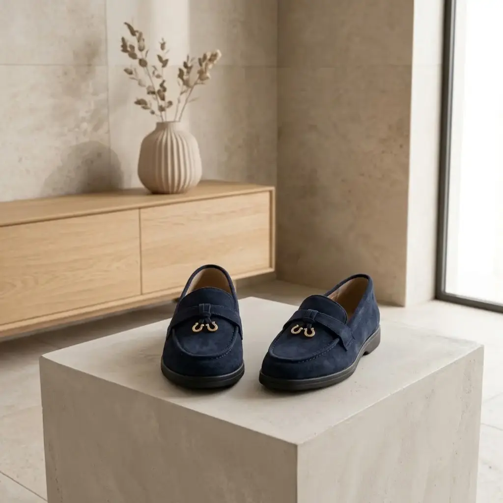 360 COTTON WOMAN SHOES LOAFER ROUNDED TOE SUEDE SLIP-ON DESIGN METALLIC BUCKLE LOW FLAT SOLE  NAVY BLUE 37