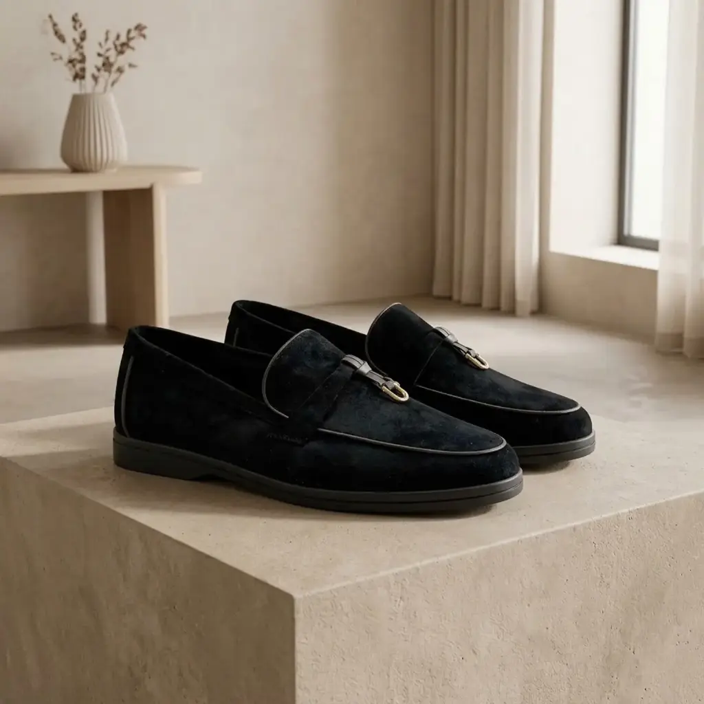 360 COTTON WOMAN SHOES LOAFER ROUNDED TOE SUEDE SLIP-ON DESIGN METALLIC CHAIN LOW FLAT SOLE  BLACK 37