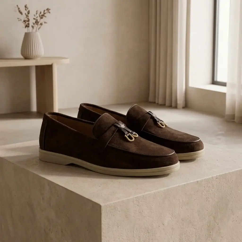 360 COTTON WOMAN SHOES LOAFER ALMOND SHAPED GOLD TONE BUCKLE LO RUBBER SOLE DARK BROWN 37