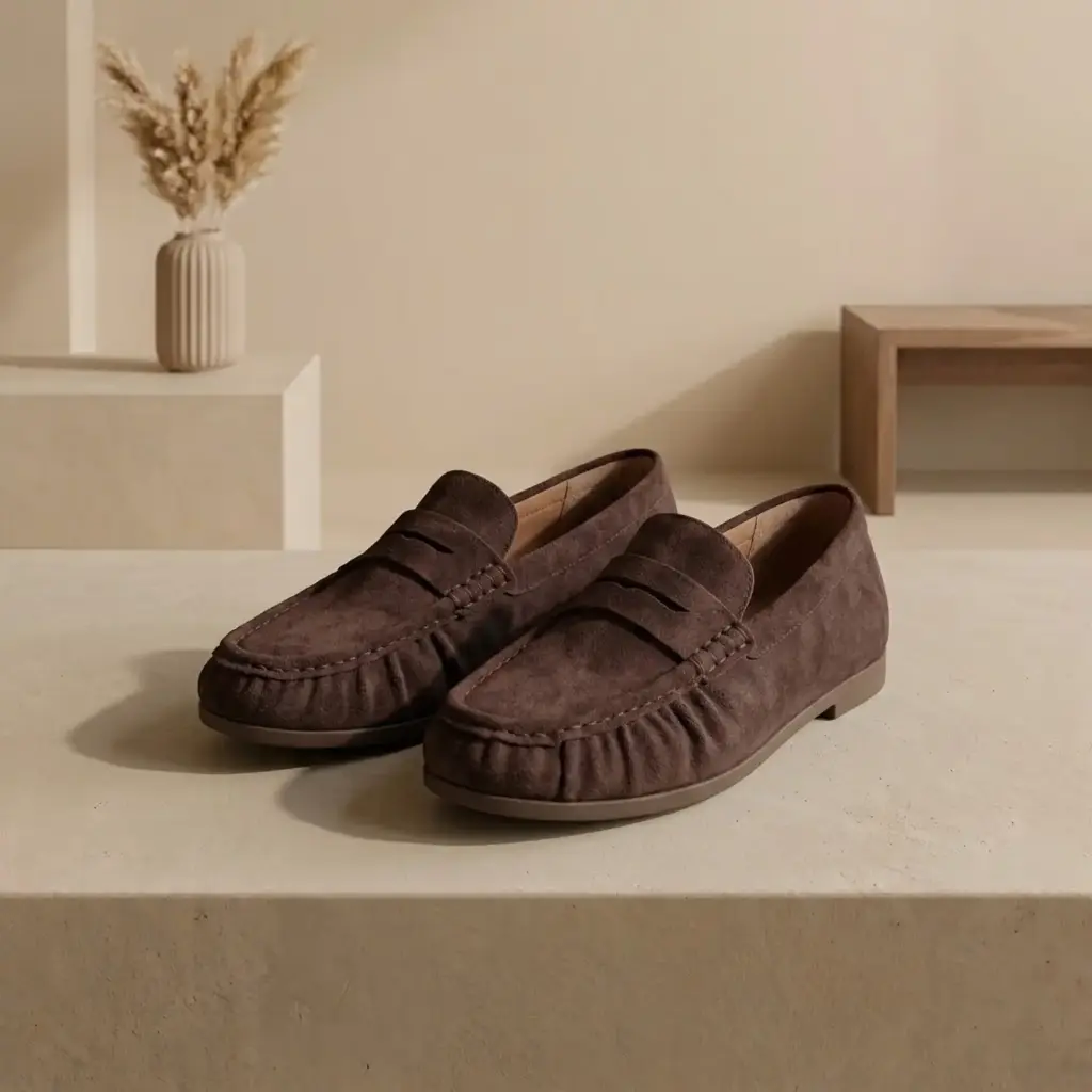 360 COTTON WOMAN SHOES LOAFER ROUNDED TOE WIDE DECORATIVE STRAP LOW FAT RUBBER SOLE SUEDE DARK BROWN 37