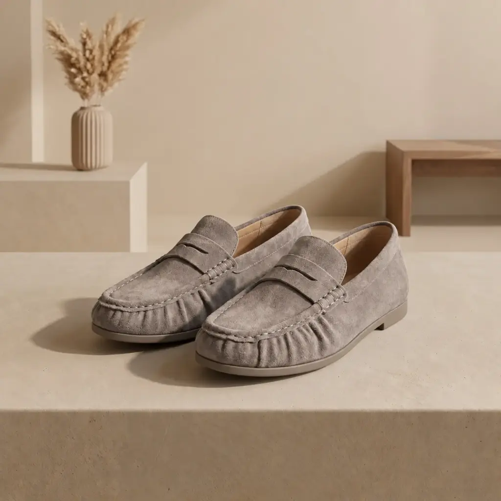 360 COTTON WOMAN SHOES LOAFER ROUNDED TOE DECORATIVE STRAP LOW FLAT SOLE SUEDE GREY-BROWN 37