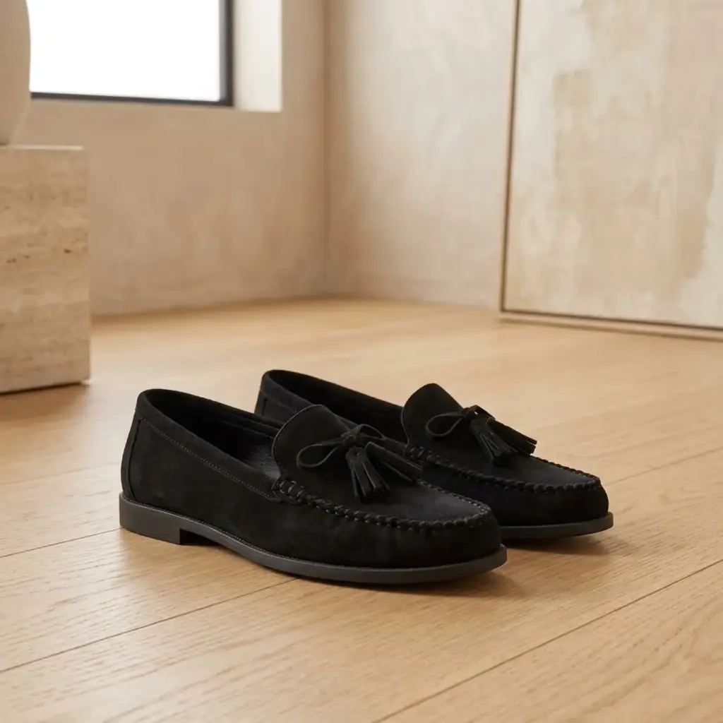 360 COTTON WOMAN SHOES LOAFER SUEDE ROUNDED TOE DECORATIVE BOW SLIP-ON DESIGN LOW FLAT SOLE BLACK 37
