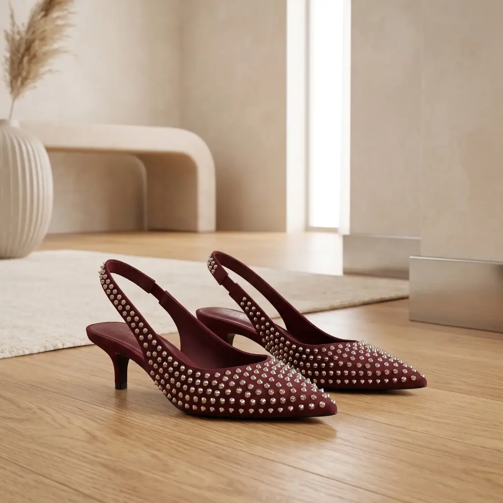 360 COTTON WOMAN SHOES FLAT POINTED TOE BEADED ACROSS THE UPPER SLIM ADJUSTABLE SLINGBACK STRAP BURGUNDY 37