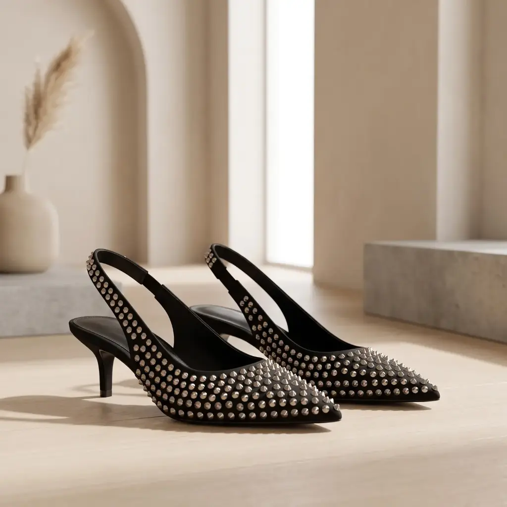 360 COTTON WOMAN SHOES FLAT POINTED TOE BEADED ACROSS THE UPPER SLIM ADJUSTABLE SLINGBACK STRAP BLACK 37