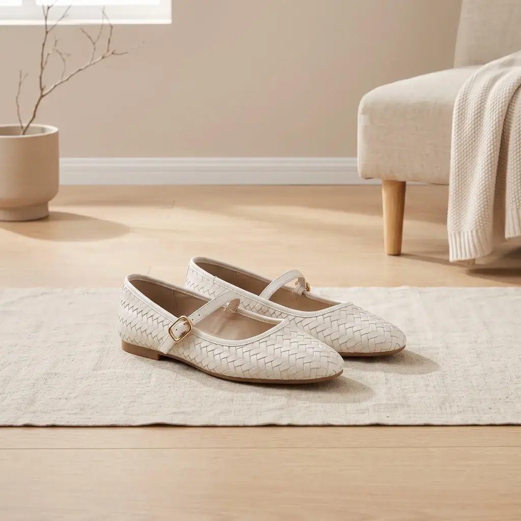 360 COTTON WOMAN SHOES FLAT POINTED TOE ANKLE STRAP SMALL BUCKLE LOW FLAT SOLE IVORY/CREAM 37